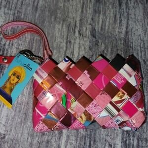 Nahui Ollin Recycled Wrapper Clutch Wallet‎ Woven Design Wristlet Bag Pink
